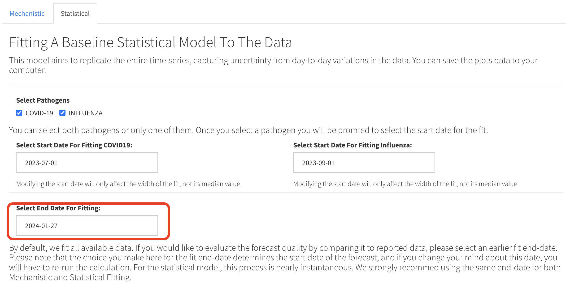 Figure 9: Selecting an end date for mechanistic fitting